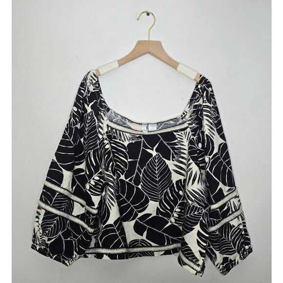 Cynthia Rowley Linen Blouse Women’s Size XL Black White Leaf Square Neck Top - Picture 1 of 6